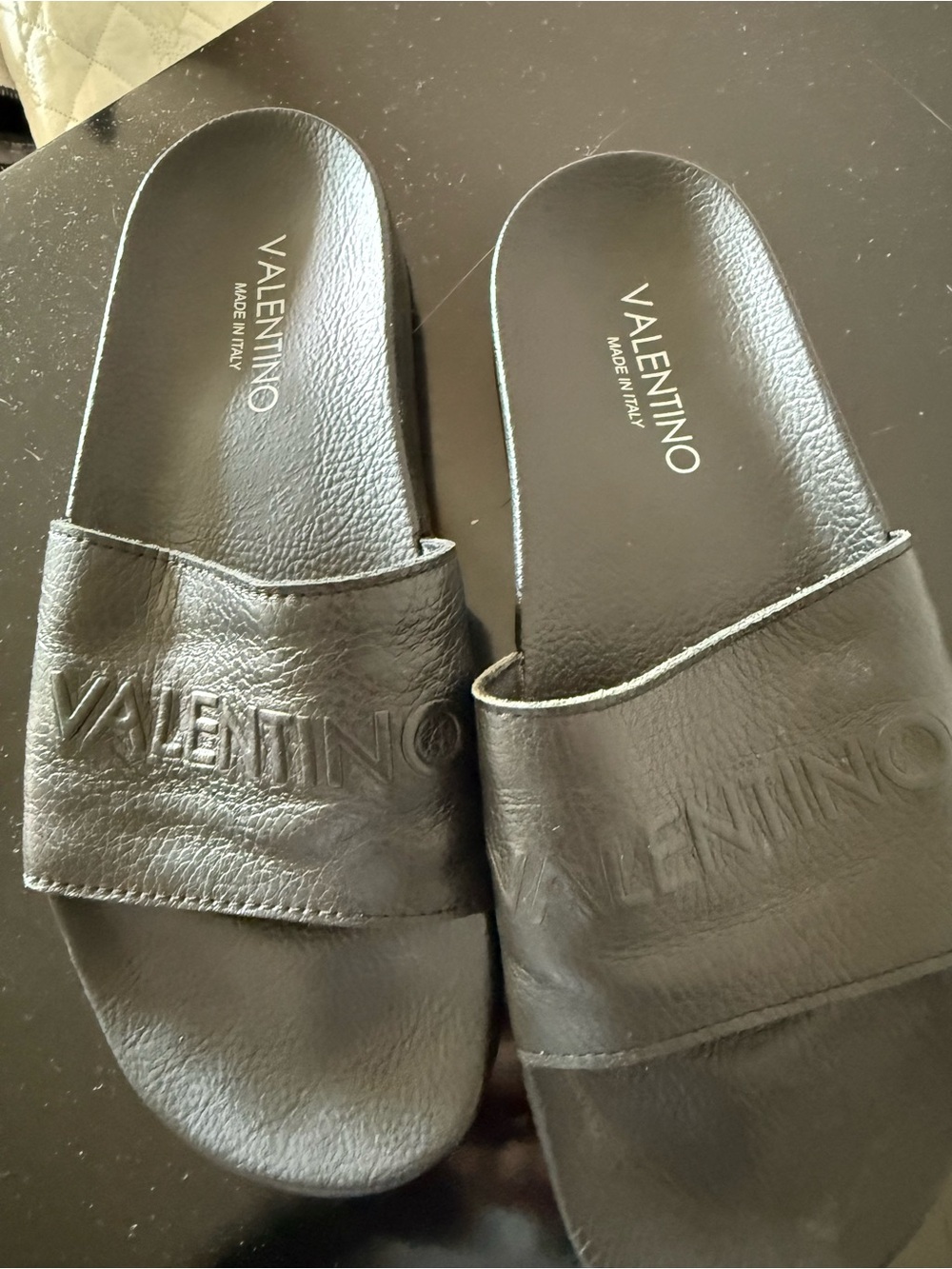 Valentino Black Embossed Leather Slide Sandals